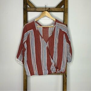 Anthropologie Lavender Field Tie Front Striped Top with Bell Sleeves